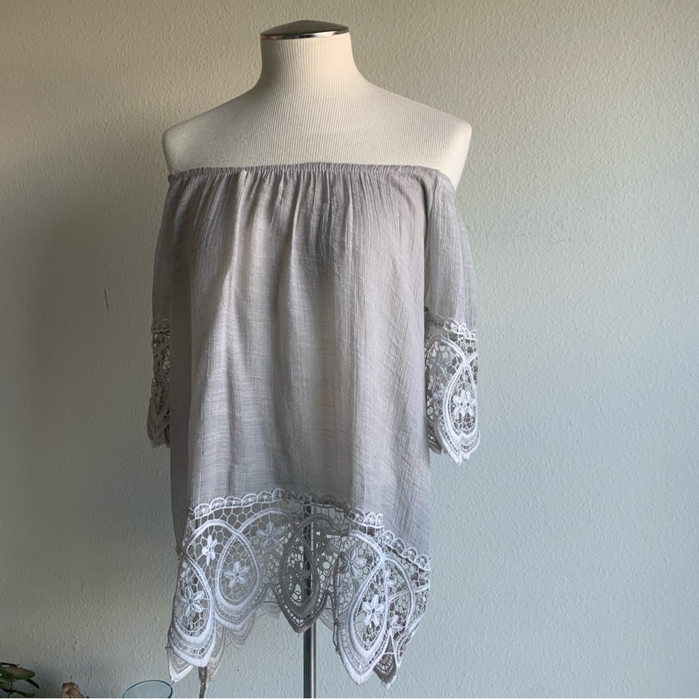 Gray lace off the shoulder top.  Light weight with elastic rounded neckline. S/M